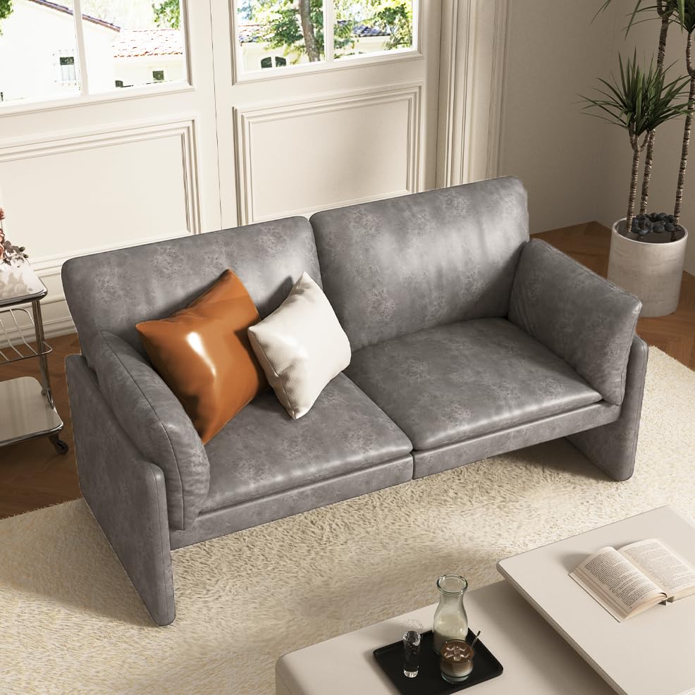 AECOJOY 68" Loveseat Sofa Couch for living room leather couch with Soft Cushions & Thick Armrests in Grey