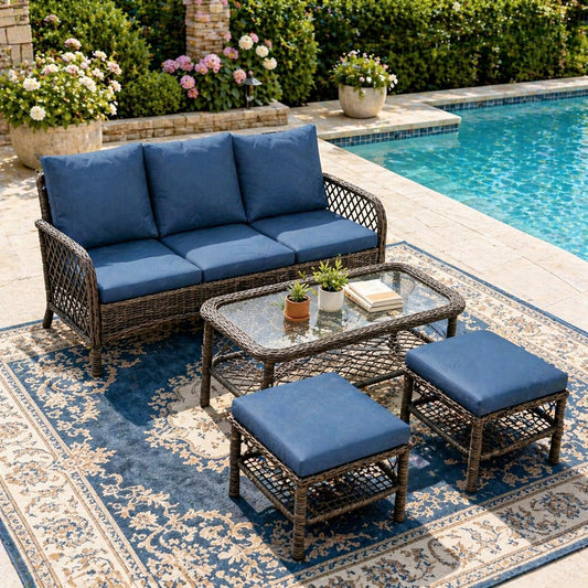 YODOLLA 4PCS Dark Blue Wicker Patio Furniture Set, 3 Seater Sofa with 2 Ottomans & Central Table, Outdoor Conversation Set