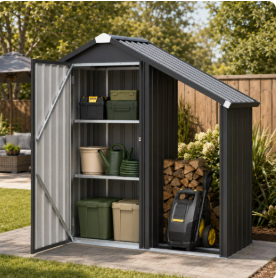 YODOLLA 2-in-1 Galvanized Steel Vertical Outdoor Storage Shed with Adjustable Shelves and Open-Sided Firewood Rack, Metal Storage Cabinet in Dark Gray