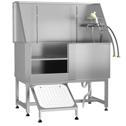 YODOLLA 50” Professional Stainless Steel Dog Washing Station for Large, Medium, and Small Dogs, Height Adjustable Dog Bathtub with Ramp, Pet Grooming Bath Tub for Indoor Outdoor, Left Door