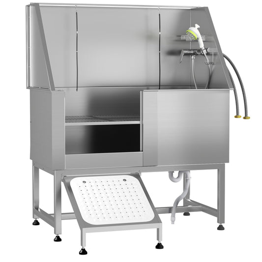 YODOLLA 50” Professional Stainless Steel Dog Washing Station for Large, Medium, and Small Dogs, Height Adjustable Dog Bathtub with Ramp, Pet Grooming Bath Tub for Indoor Outdoor, Left Door