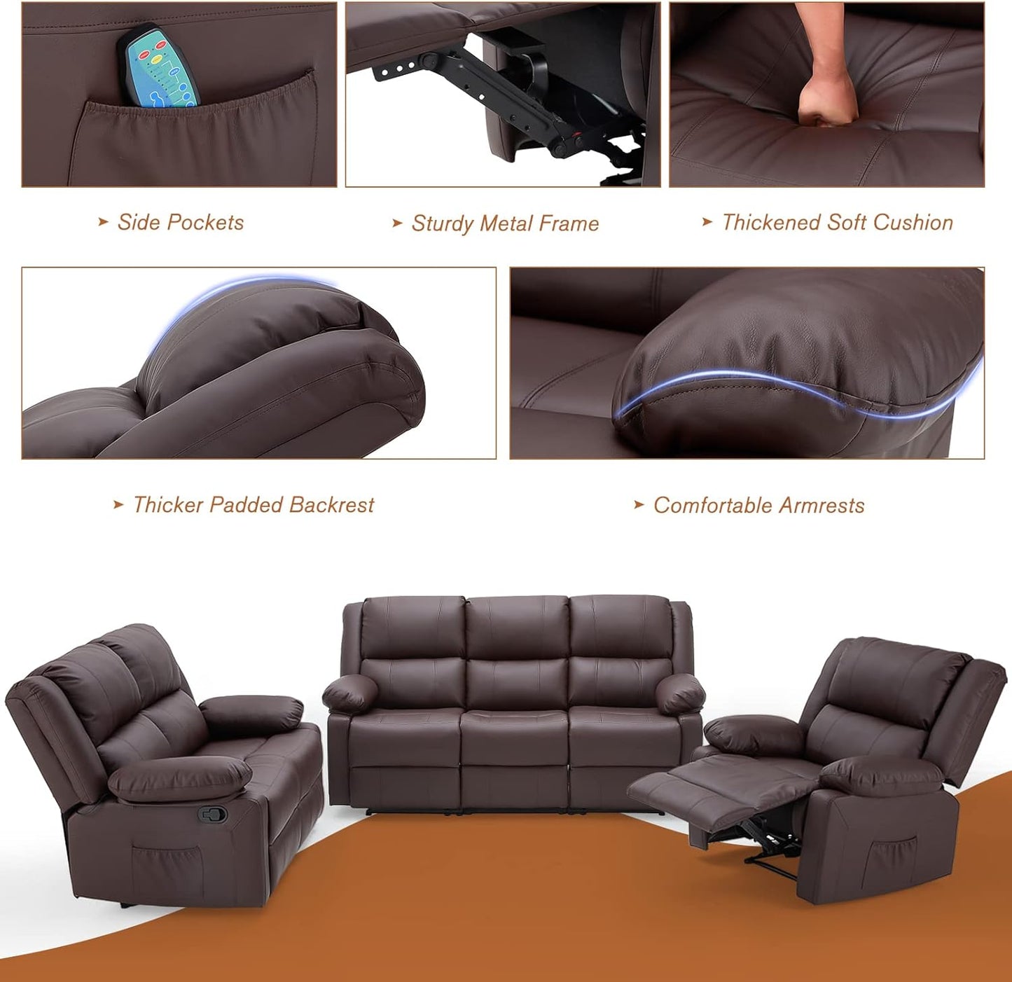 YODOLLA 3 Pieces Recliner Sofa Set with Massage Heated Function, Home Theater Seating Leather Couch Set with Side Pockets, Brown