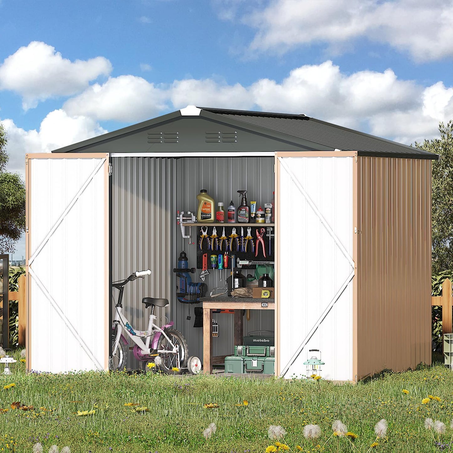AECOJOY 7' x 7' Outdoor Metal Storage Shed on Clearance with Lockable Door for Backyard
