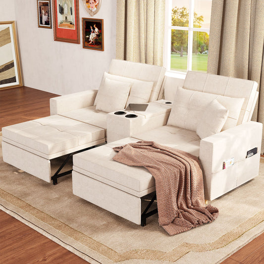 YODOLLA 75" Sleeper Chair, 3-in-1 Convertible Sofa Bed with USB Ports & Table, Pull-Out Couch for Living Room, Beige