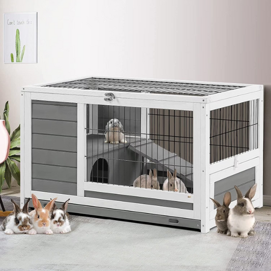AECOJOY Rabbit Hutch with Deeper No Leak Tray & Run 35.4’’ Pet House for Small Animals Rabbit Cage Guinea Pig House Bunny Hutch Indoor & Outdoor