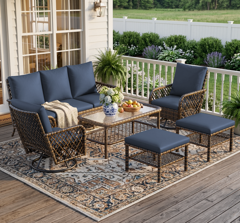 YODOLLA 6PCS Outdoor Wicker Patio Furniture Set, 7-Seat Sectional Sofa with High Back Swivel Rocker Chairs & Ottoman for Deck, Yard, Poolside,Dark Blue