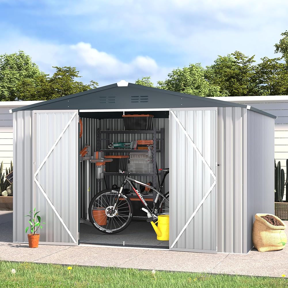 YODOLLA 10 x 10 ft. Outdoor Metal Storage Shed with Sliding Roof & Lockable Door,White