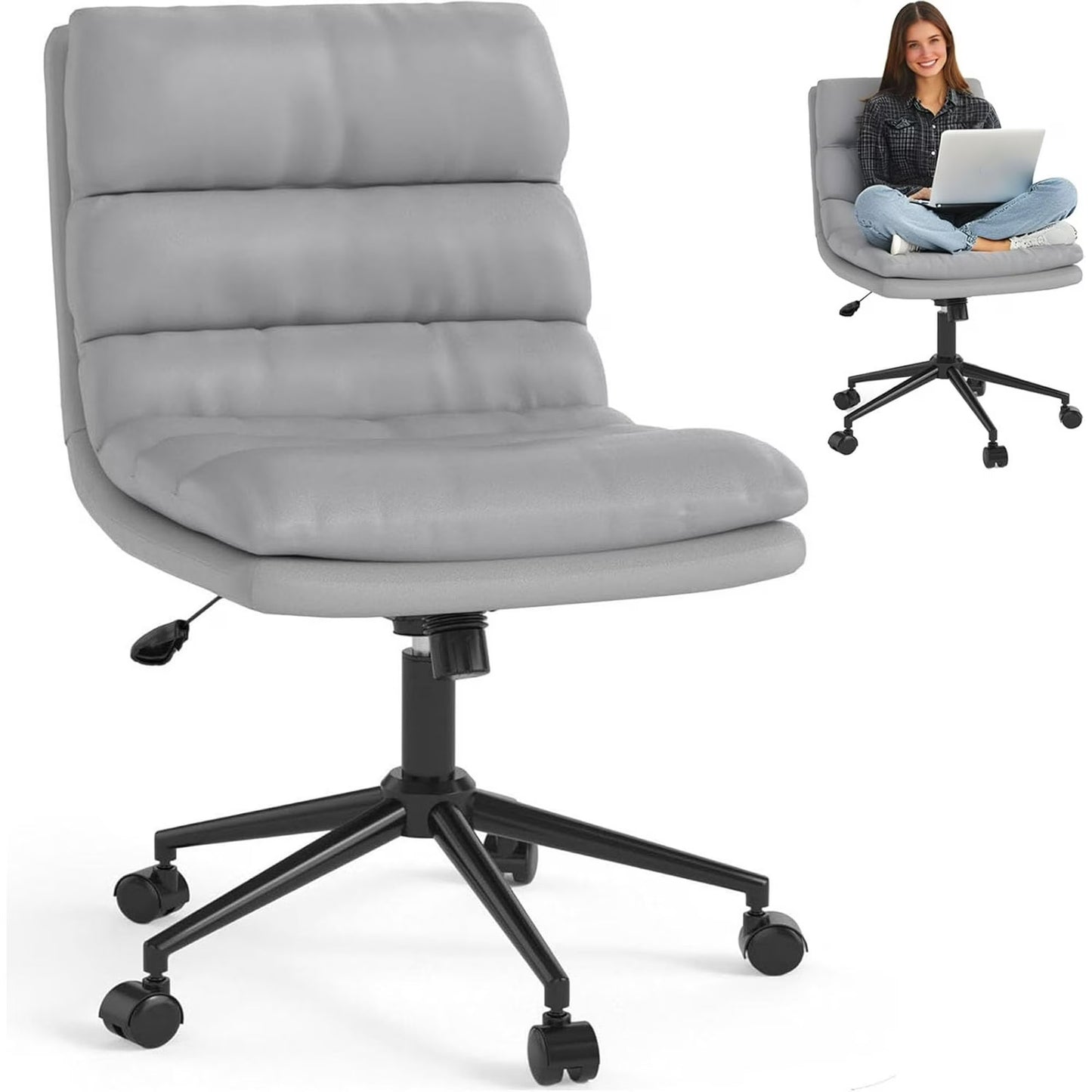 YODOLLA Office Chair with Wheels, Adjustable Height Vanity Chair with Back Armless Desk Chair and Faux Leather Swivel Chair for Office, Home, Grey