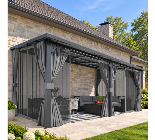 YODOLLA 16x10ft Wall-Mounted Hardtop Gazebo with Curtains and Netting, Heavy Duty Outdoor Pergola for Patio and Deck