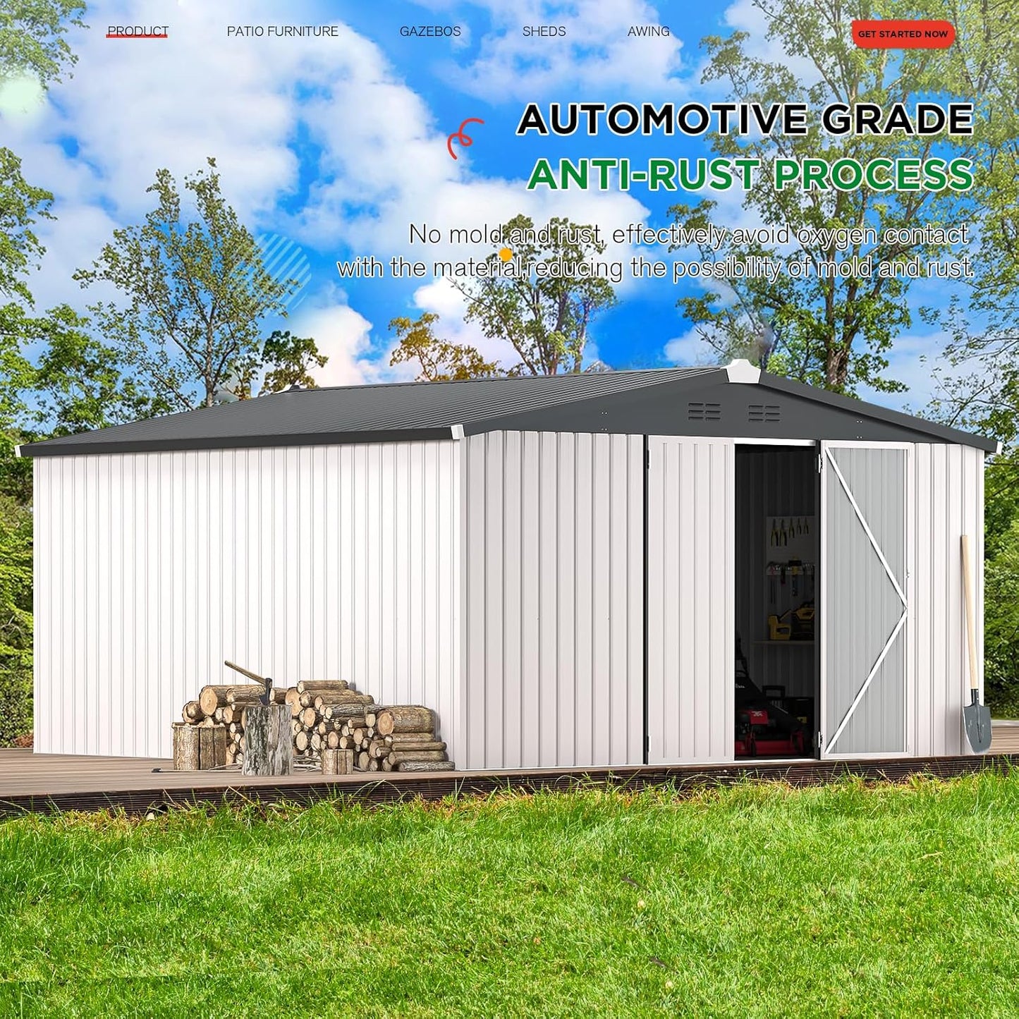 YODOLLA 12 x 12 ft. Outdoor Metal Storage Shed with Sliding Roof & Lockable Door in White for Patio, Garden& Backyard