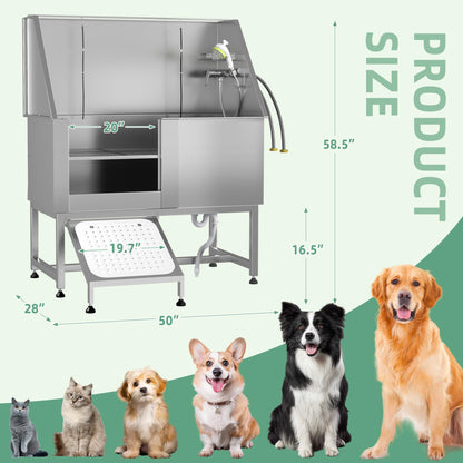 YODOLLA 50” Professional Stainless Steel Dog Washing Station for Large, Medium, and Small Dogs, Height Adjustable Dog Bathtub with Ramp, Pet Grooming Bath Tub for Indoor Outdoor, Left Door