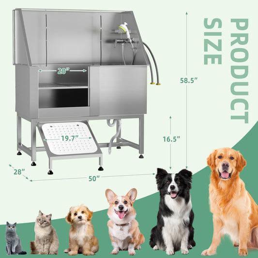 YODOLLA 50” Professional Stainless Steel Dog Washing Station for Large, Medium, and Small Dogs, Height Adjustable Dog Bathtub with Ramp, Pet Grooming Bath Tub for Indoor Outdoor, Left Door