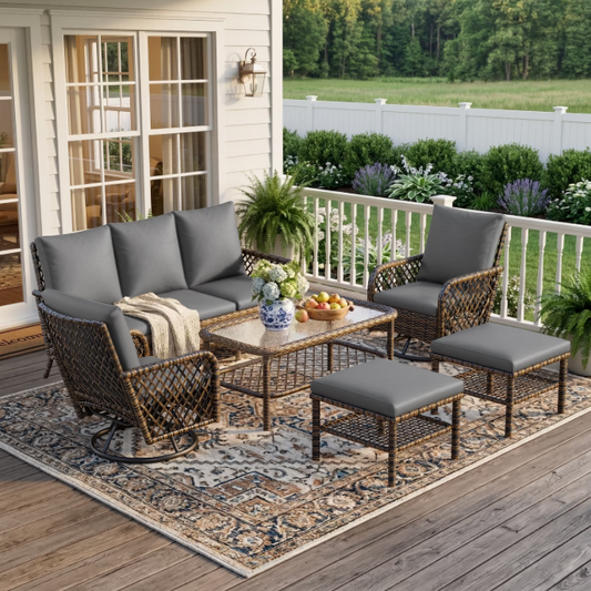 YODOLLA 6PCS Outdoor Wicker Patio Furniture Set, 7-Seat Sectional Sofa with High Back Swivel Rocker Chairs & Ottoman for Deck, Yard, Poolside,Dark Gray