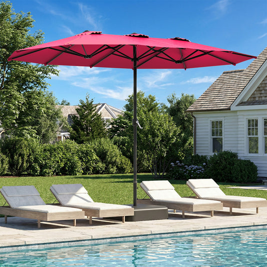 YODOLLA 15 x 9 ft Patio Umbrella with Base, Double-Sided Rectangular Market Umbrella with Crank Handle, 1.9" Pole, Red