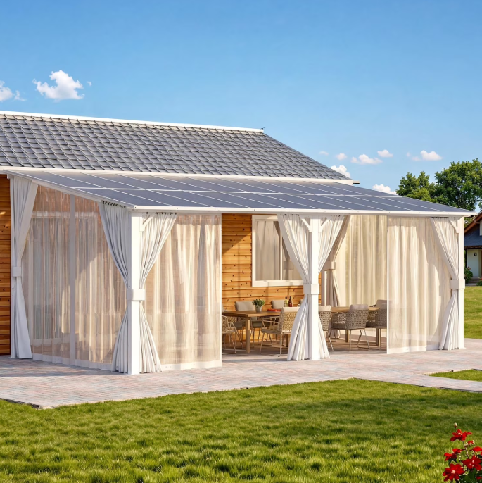AECOJOY 20'x10' Outdoor Lean to Gazebo Pergola with Curtains and Netting, 10x20 Large Wall-Mounted Hardtop Gazebo Shelter Pergolas and Gazebos Clearance with Patio Roof, White