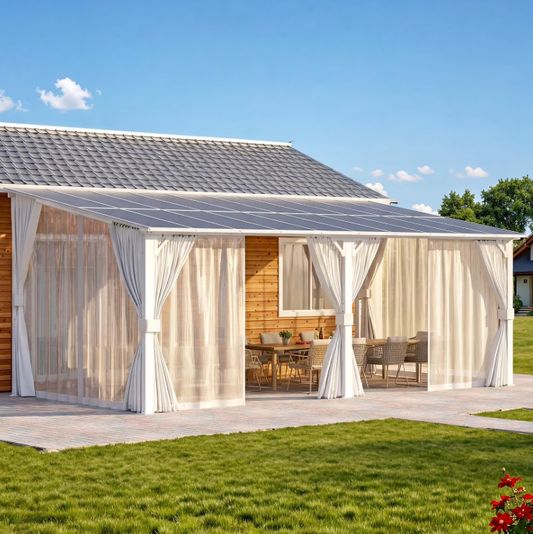 AECOJOY 20'x10' Outdoor Lean to Gazebo Pergola with Curtains and Netting, 10x20 Large Wall-Mounted Hardtop Gazebo Shelter Pergolas and Gazebos Clearance with Patio Roof, White