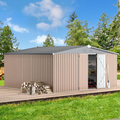 YODOLLA 14 x 12 ft. Outdoor Metal Storage Shed with Sliding Roof & Lockable Door in Brown for Patio, Garden& Backyard