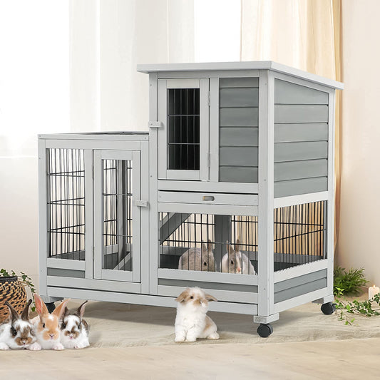 YODOLLA 37 inches Guinea Pig Cage Rabbit Hutch for Small Animals Bunny House with Removable Trays Grey