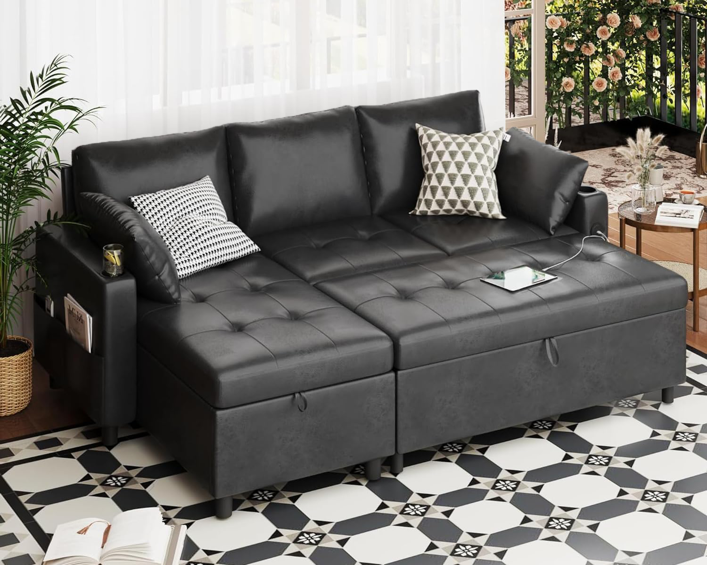 YODOLLA Sofa Bed, 3 in 1 Sleeper Sofa with Storage Chair, Faux Leather L Shape Couch, Sectional Pull Out Sofa Bed Mid Century Modern Couch for Living Room Clearance, Comfy Sleeper Couch in Black