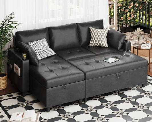 YODOLLA Sofa Bed, 3 in 1 Sleeper Sofa with Storage Chair, Faux Leather L Shape Couch, Sectional Pull Out Sofa Bed Mid Century Modern Couch for Living Room Clearance, Comfy Sleeper Couch in Black