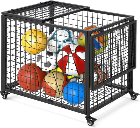YODOLLA Ball Cart Storage, Rolling Basketball Bin with Wheels for Garage, School, Gym, Sports Equipment and Toy Organizer, Indoor & Outdoor