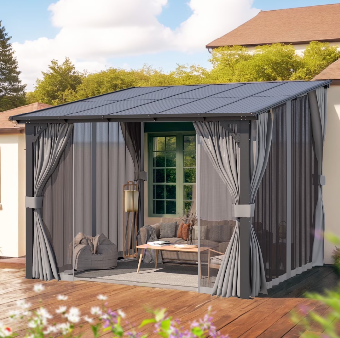 YODOLLA 10' x 10' Hardtop Gazebo Outdoor Wall-Mounted Lean to Gazebo with Netting and Curtain Aluminum Metal Pergola For Garden, Patio, Backyard-Dark Gray