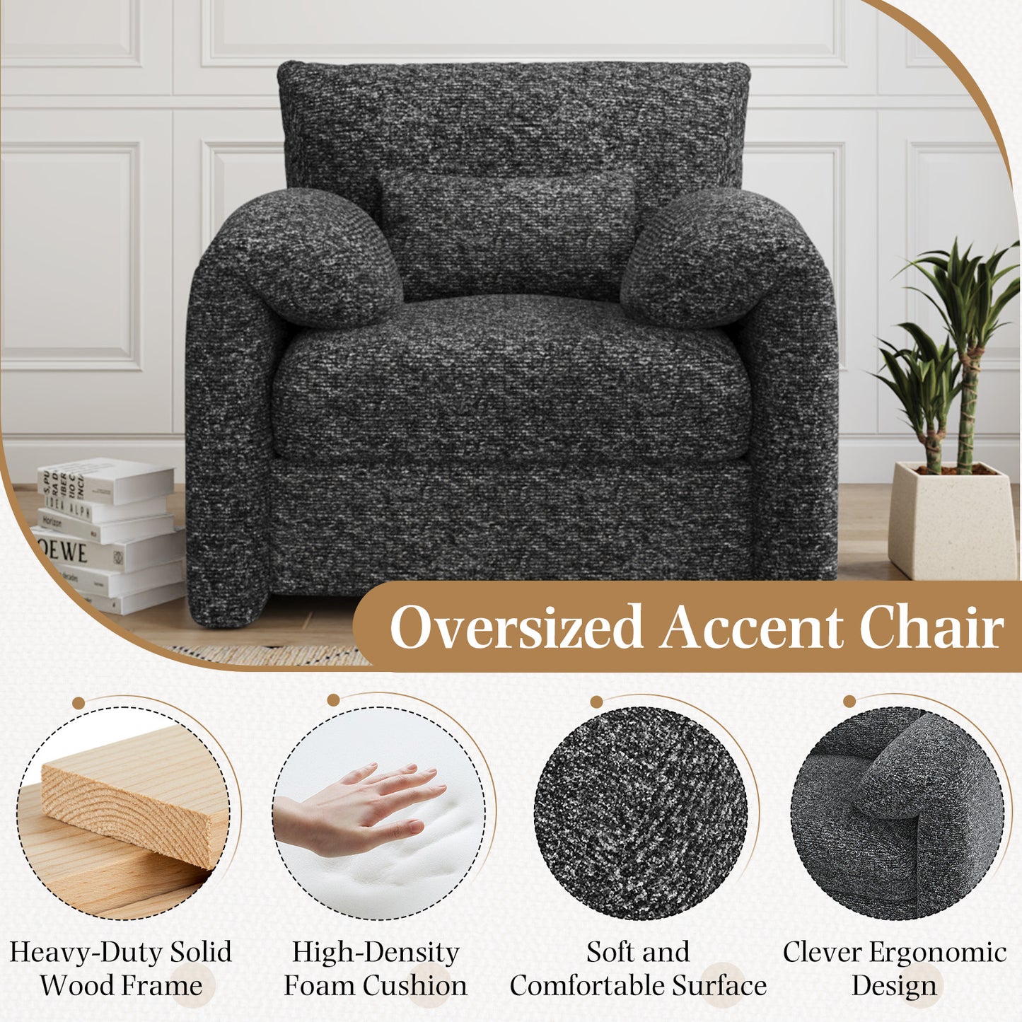 YODOLLA Oversized Accent Chair for Living Room, 36.2'' Chenille Mid Century Reading Chair in Black