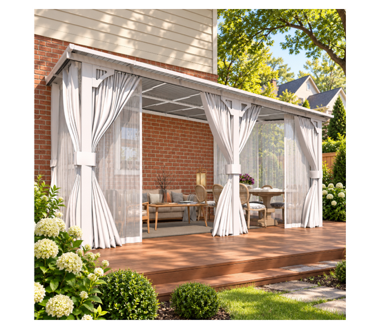 YODOLLA 14x10ft Wall-Mounted Hardtop Gazebo with Curtains and Mosquito Netting, Outdoor Pergola for Patio and Deck, White