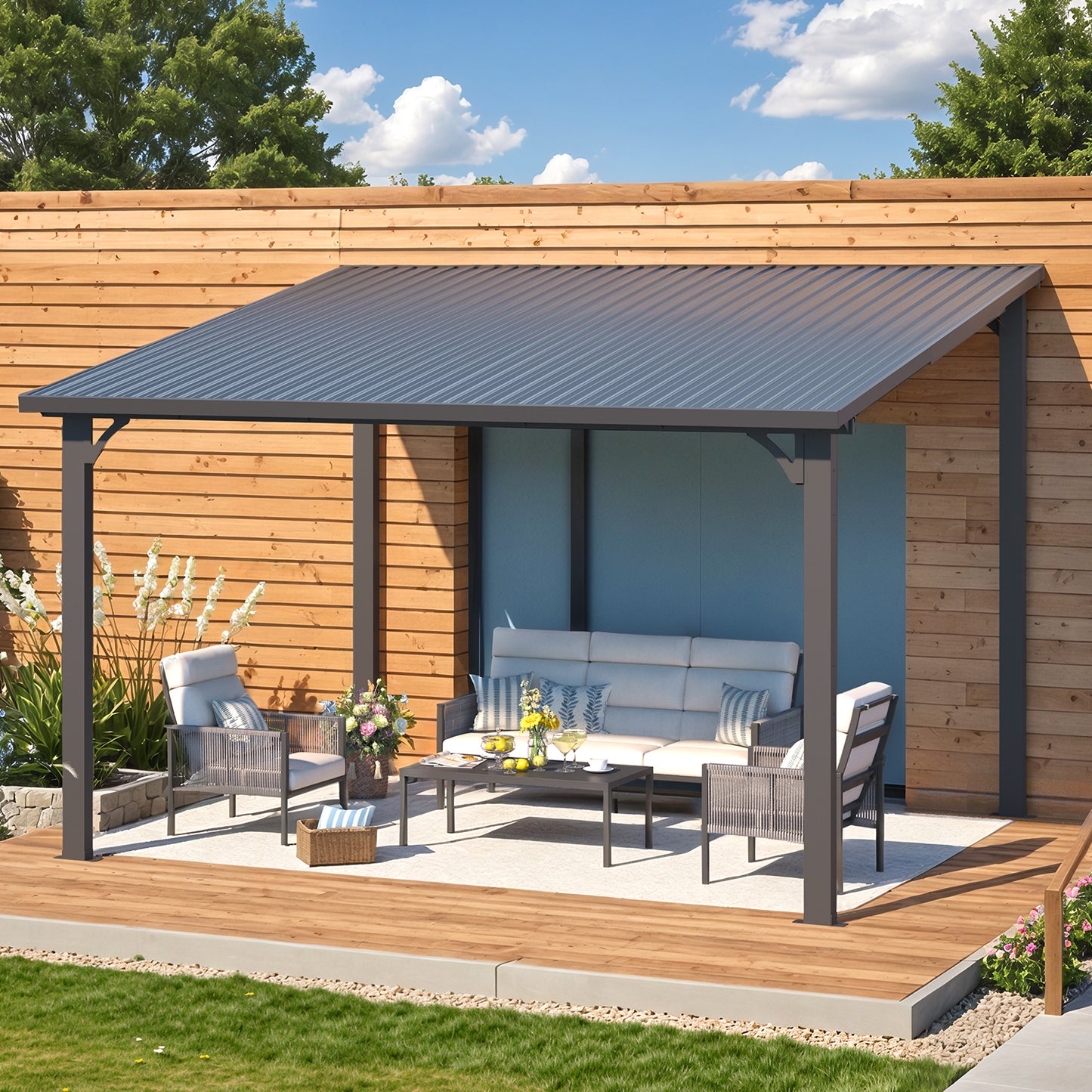 AECOJOY 12' x 10' Hardtop Patio Gazebo Wall Mounted, Heavy Duty Outdoor Pergola on Clearance with Galvanized Steel Roof, Waterproof Metal Grill Gazebo for Backyard