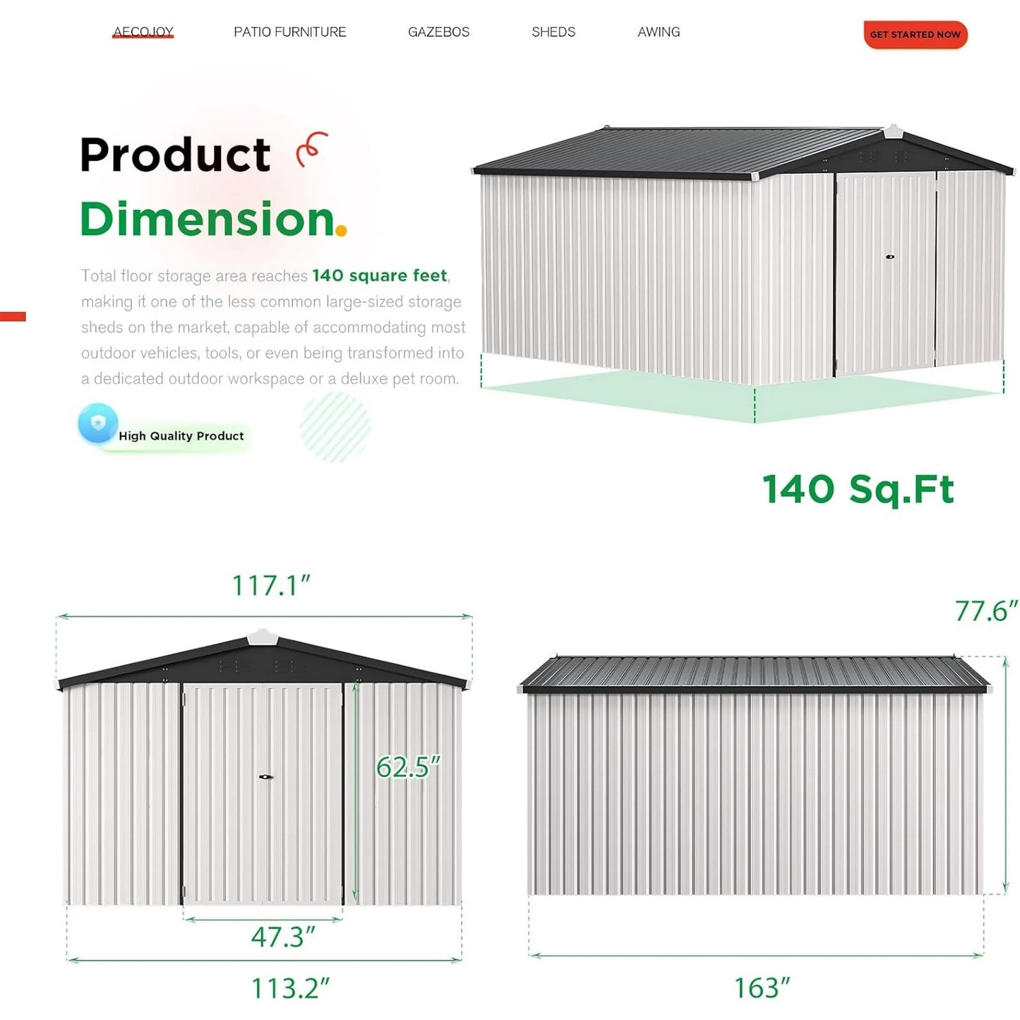 AECOJOY 10' x 14' Outdoor Storage Shed with Lockable Door Patio Metal Garden Storage Building in White for Outside