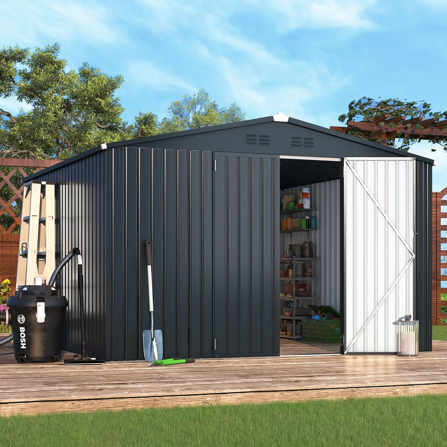 YODOLLA 10 x 10 ft. Outdoor Metal Storage Shed with Sliding Roof & Lockable Door in Dark Grey for Patio, Garden& Backyard