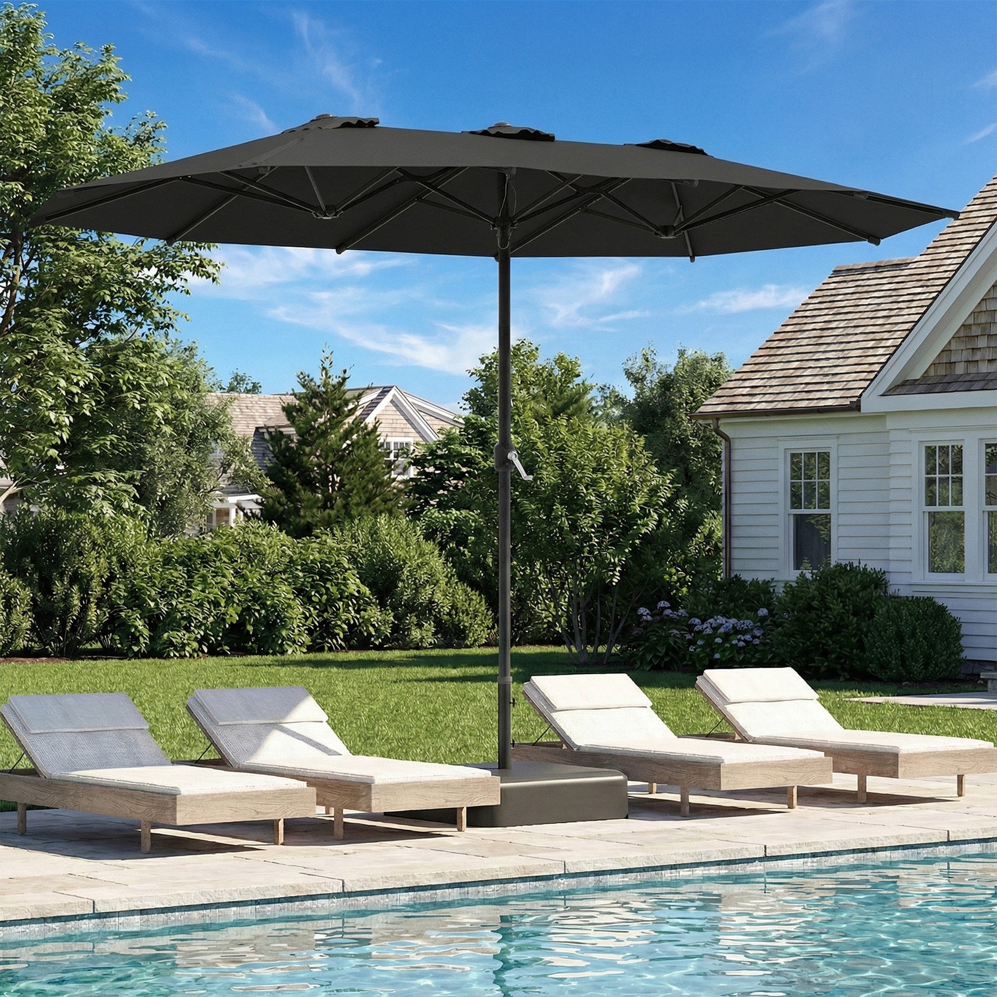 YODOLLA 15 x 9 ft Patio Umbrella with Base, Double-Sided Rectangular Market Umbrella with Crank Handle, 1.9" Pole, Black