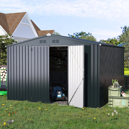 AECOJOY 12' x 10' Outdoor Storage Shed with Lockable Door Patio Metal Garden Storage Building in Dark Gray for Outside