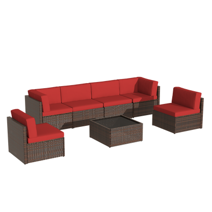 YODOLLA 7-Piece Patio Furniture Set with 30" Fire Pit Table, Rattan Wicker Outdoor Sectional Sofa Couch with Table Patio Conversation Set for Lawn& Backyard In Brown&Red