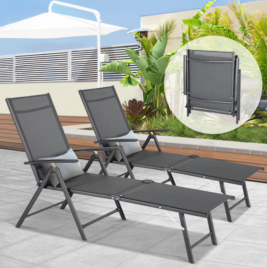AECOJOY Outdoor Chaise Lounge Chair, Adjustable Textile Reclining Folding Pool Lounge, Gray