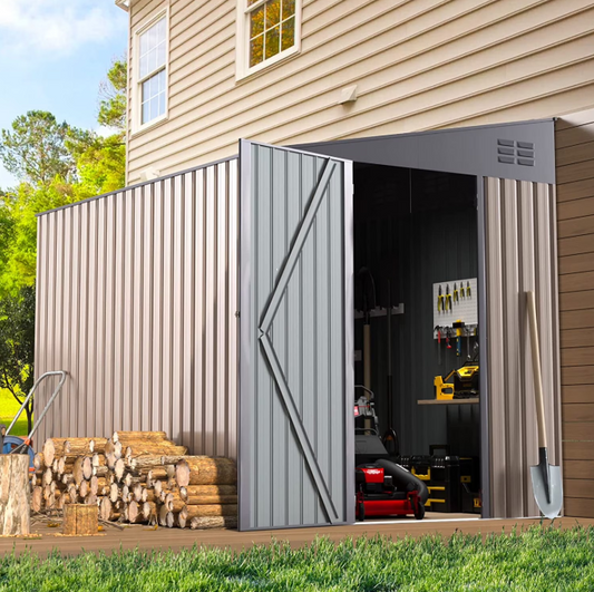 YODOLLA 8' x 6' Outdoor Storage Side Shed Metal Attached Lean-to Shed Galvanized Storage Building for Backyard in Brown