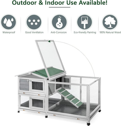 YODOLLA Rabbit Hutch 61.5", Two-Story Outdoor Wooden Bunny Cage with Wheels