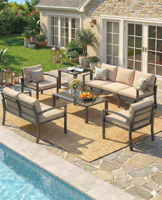 YODOLLA 7-Seat Metal Patio Furniture Set with Coffee Table and Side Table, Outdoor Conversation Set with Deep Cushions, Beige