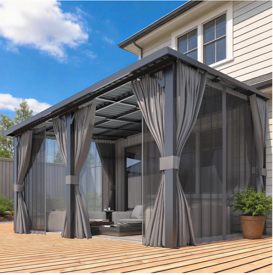 AECOJOY 14' x 10' Hardtop Patio Gazebo with Curtains and Netting, Wall Mounted Heavy Duty Outdoor Pergola on Clearance with Galvanized Steel Roof, Waterproof Metal Grill Gazebo for Backyard