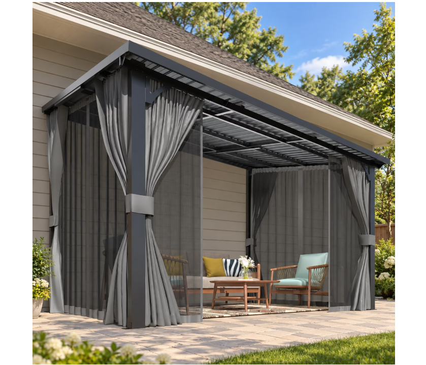 YODOLLA 12x8ft Wall-Mounted Hardtop Gazebo with Curtains and Netting, Heavy Duty Outdoor Pergola for Patio and Deck