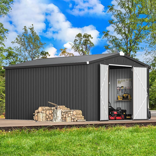 YODOLLA 10' x 14' Outdoor Storage Shed with Lockable Door Patio Metal Garden Storage Building in Dark Gray for Outside