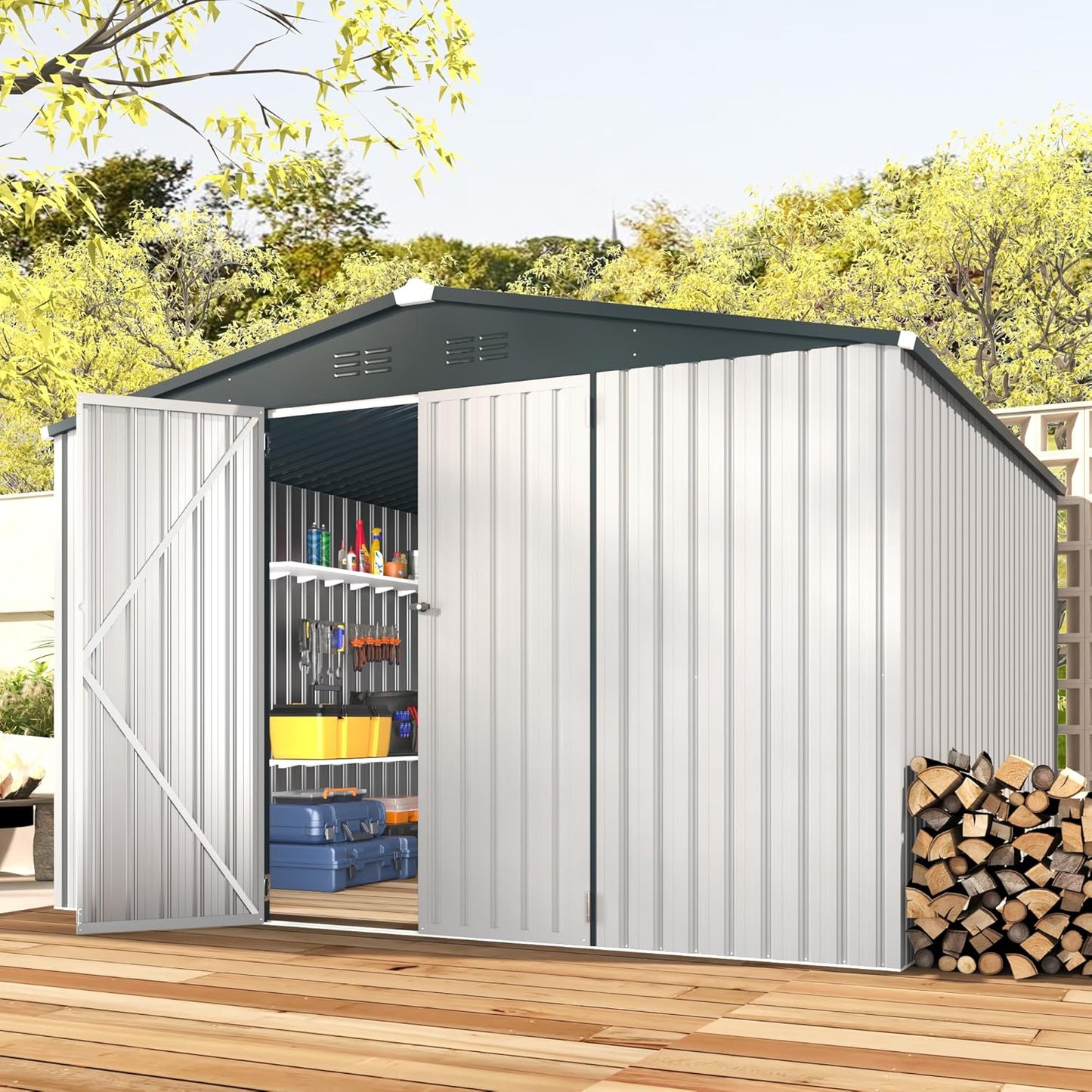 AECOJOY 10' x 10' Outdoor Storage Shed with Lockable Door Patio Metal Garden Storage Building in White for Outside