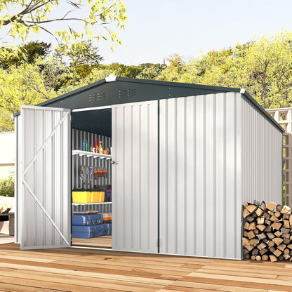 AECOJOY 10' x 10' Outdoor Storage Shed with Lockable Door Patio Metal Garden Storage Building in White for Outside