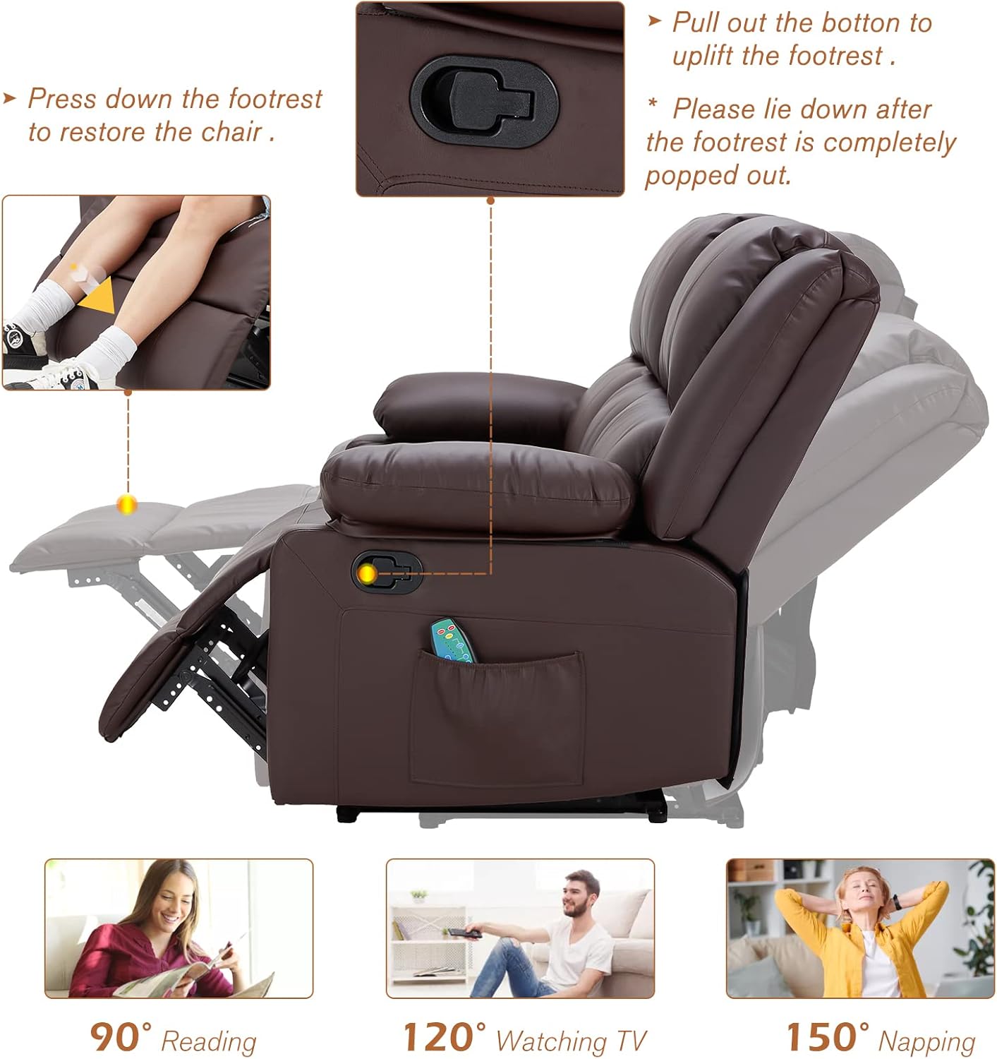 YODOLLA 3 Pieces Recliner Sofa Set with Massage Heated Function, Home Theater Seating Leather Couch Set with Side Pockets, Brown