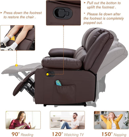 YODOLLA 3 Pieces Recliner Sofa Set with Massage Heated Function, Home Theater Seating Leather Couch Set with Side Pockets, Brown