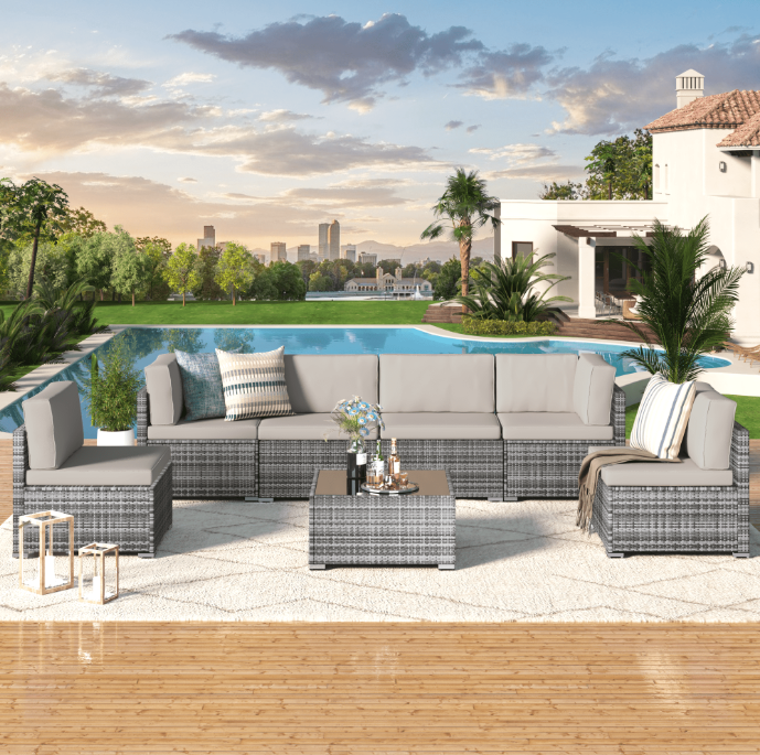 YODOLLA 7-Piece Patio Furniture Set on Sale, Rattan Wicker Outdoor Sectional Sofa Couch with Table Patio Conversation Set for Lawn& Backyard In Gray