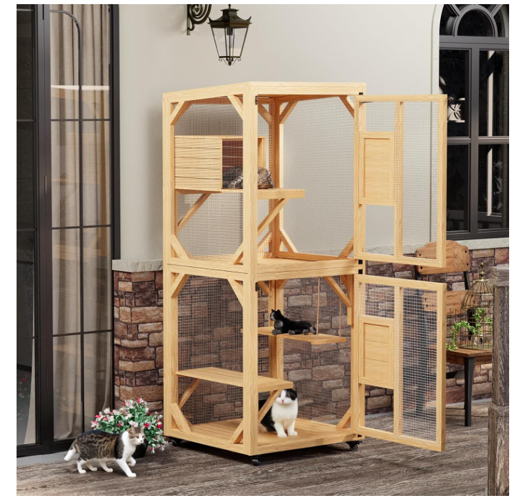 YODOLLA Catio Enclosure for Cats,Wooden Outdoor Cat House with Hammock in Natural Color