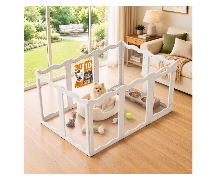 JFHID Clear Acrylic Dual-Lock Indoor Pet Playpen for Dogs with 10 Panels, White
