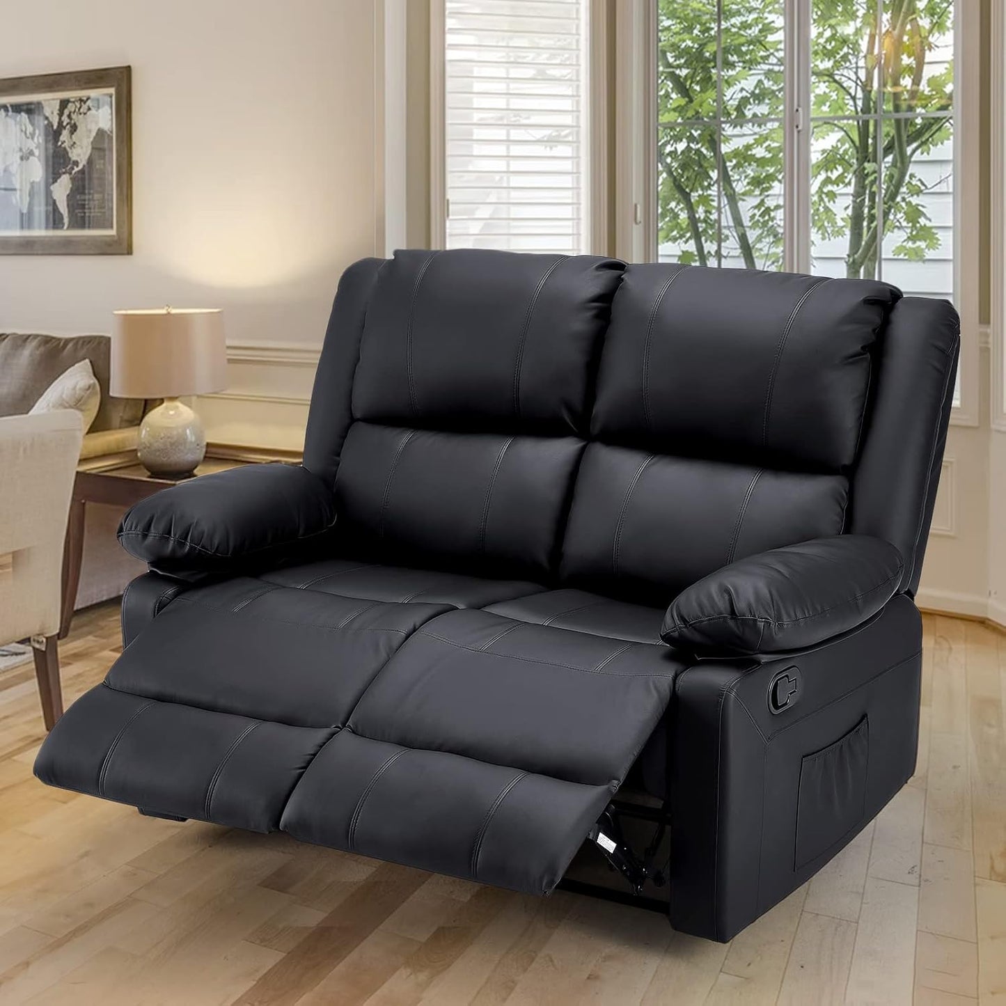 YODOLLA 2 Seat Leather Recliner Sofa with Massage Heated Function, Home Theater Seating Massage Reclining Loveseat Chair in Black