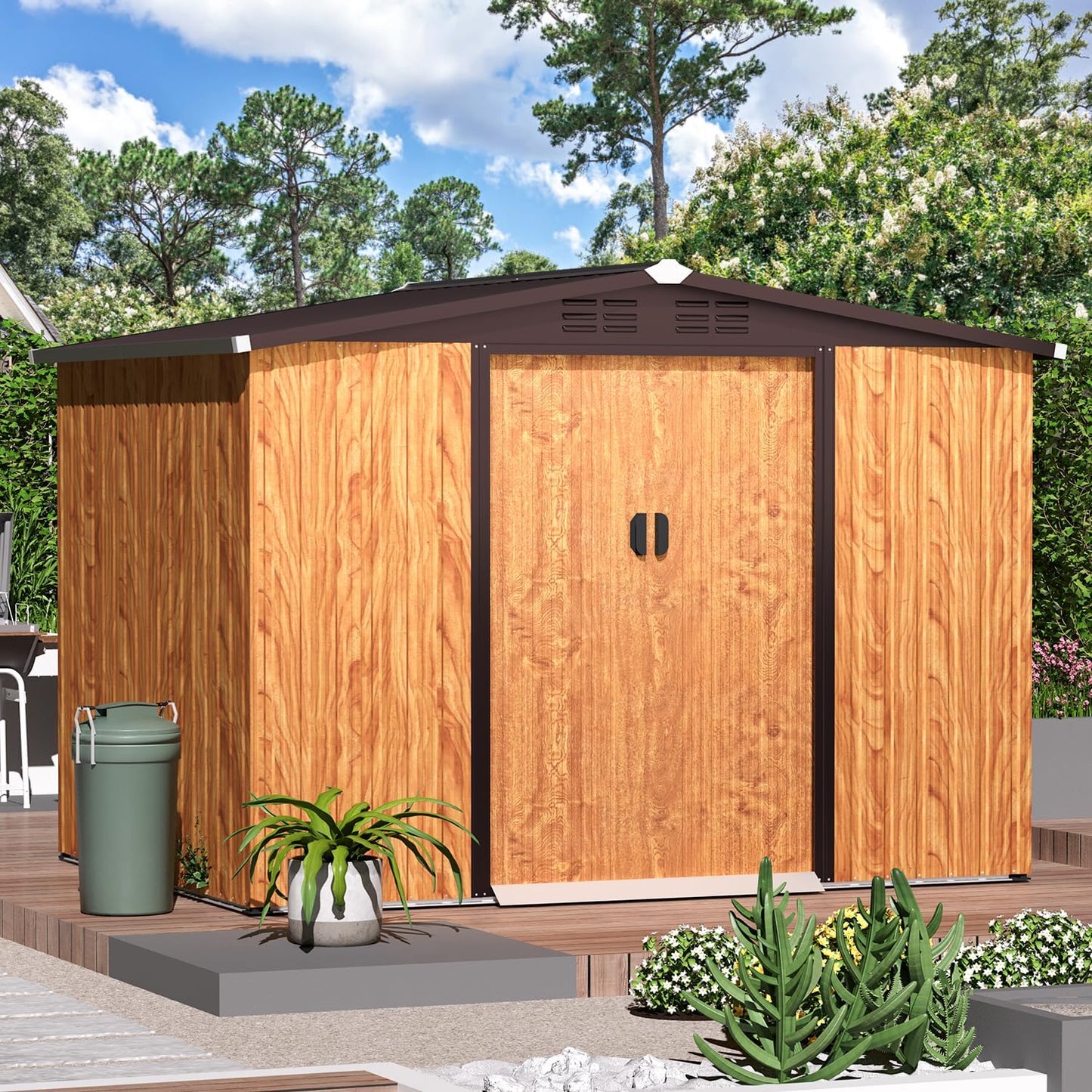 U-MAX 8 x 6 ft. Wood Grain Outdoor Metal Storage Shed with Lockable Door Patio Garden Storage Building for Outside
